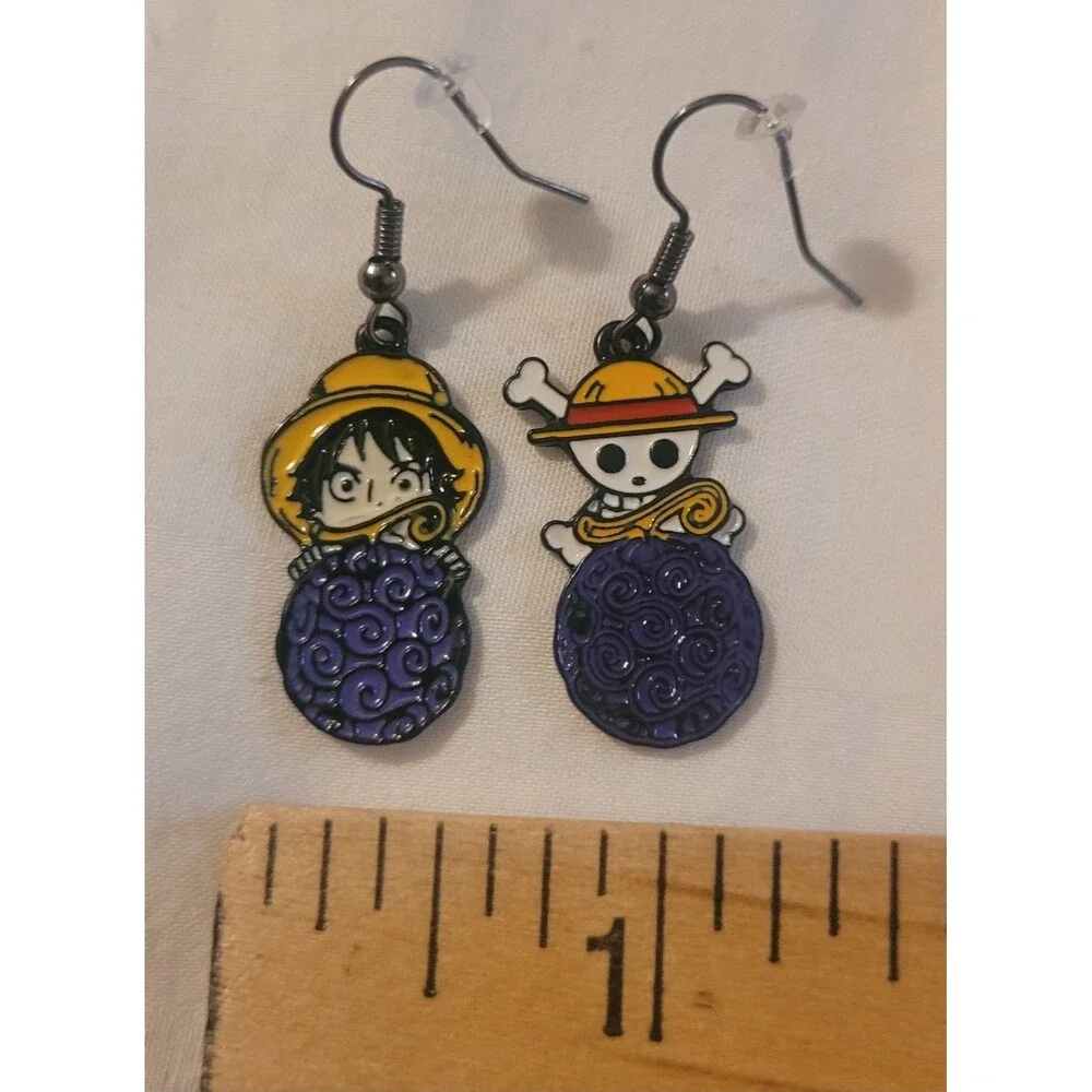 Anime Luffy Enamel Metal Dangle/Drop Hook Earrings Nickel-Free Multicolor Asym